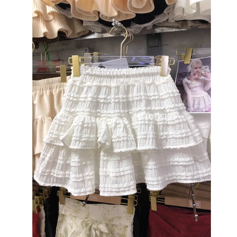 Sweet Lace Patchwork A-line Skirt Summer New Solid Color Loose All-match Fashion Fluffy Short Skirt Elegant Korean Women Clothes