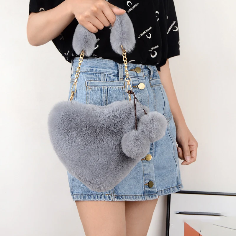 ISKYBOB Women Faux Fur Heart-shaped Small Handbags Luxury Fluffy Plush Ladies Chain Shoulder Bag Fashion Female Underarm Purse