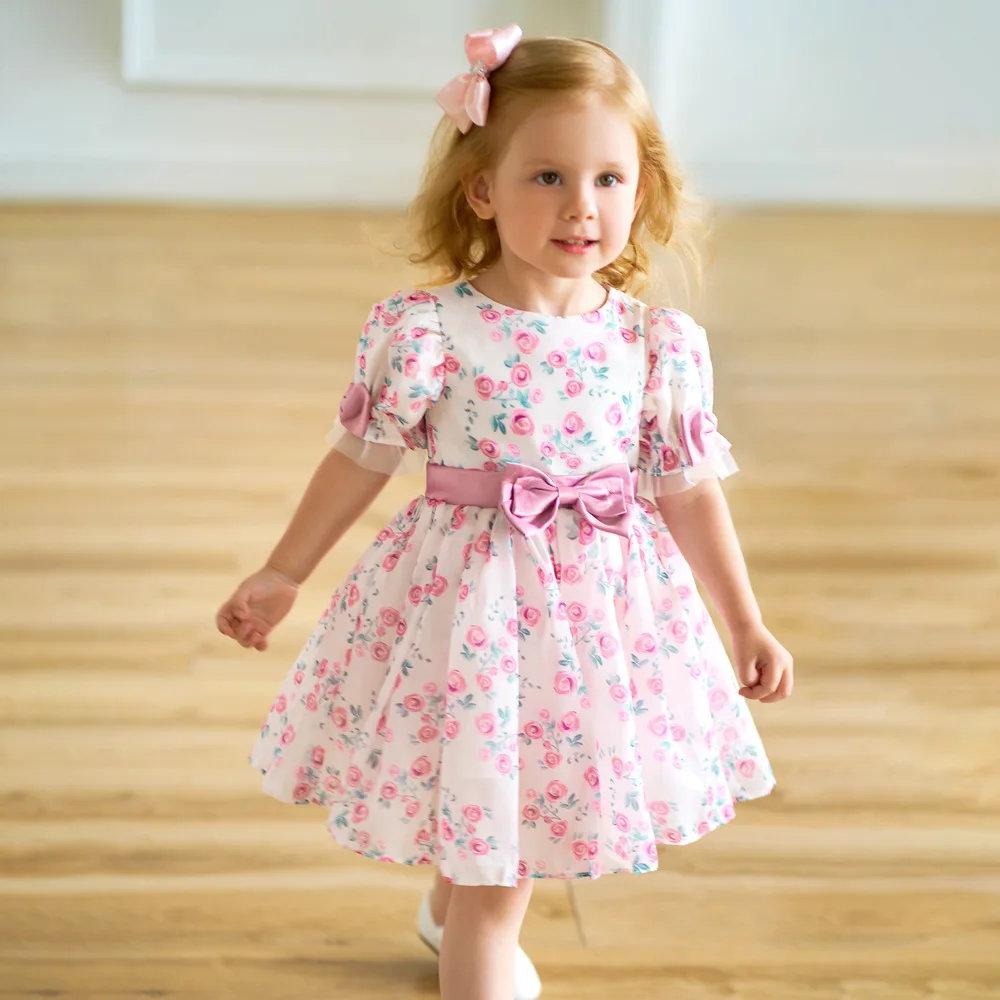 

Cute Baby Girls Puff Sleeve Floral Bow Chiffon Princess Dress For Flower Kids Wedding Birthday Party Baptism Ceremony Prom Gown