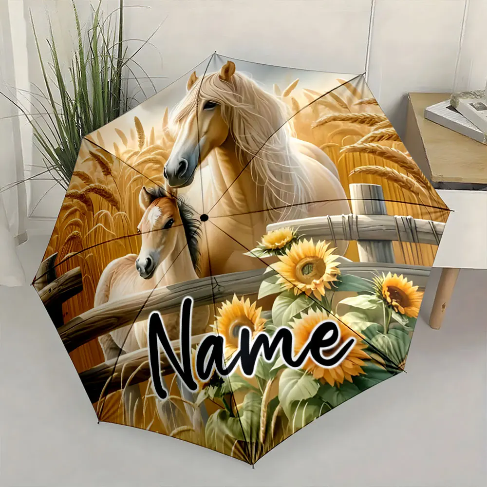 Custom Name Horse and Sunflower Design Umbrella for Home Décor Print 8 Iron Ribs Folding Umbrella Auto-Open Fashion Sunshade