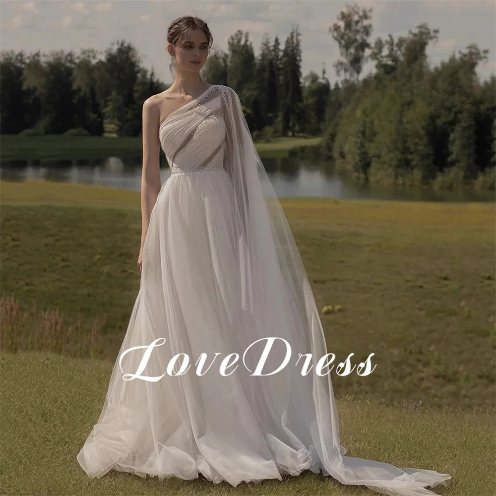 Love Elegant One Shoulder Sequinned Illusion Tulle Wedding Dresses Charming A-Line Floor Length Sleeveless Backless Bridal Gowns