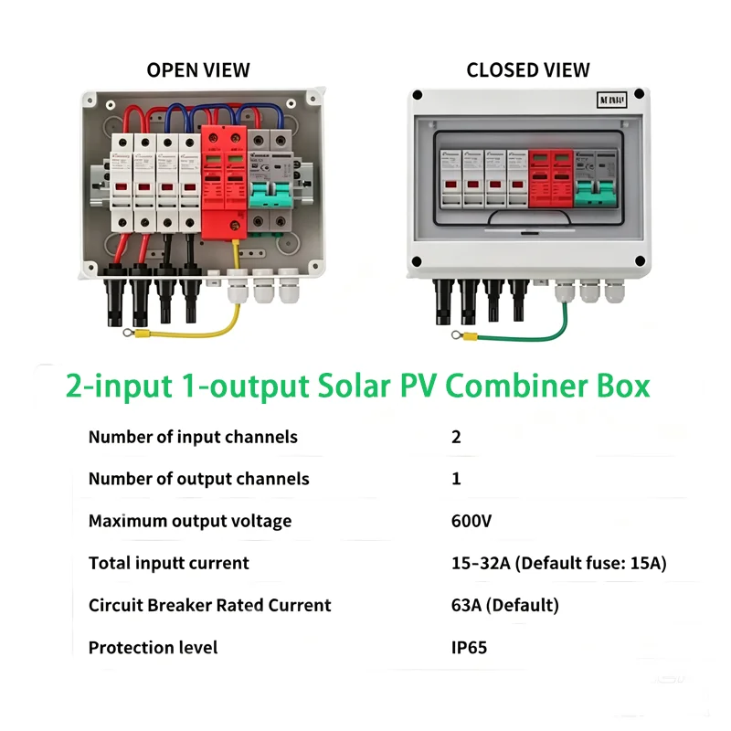 Solar PV Combiner Box with Lightning Protection, 32A Fuse, MCB, SPD, Waterproof IP65, 2-in-1 Distribution, DC 600V