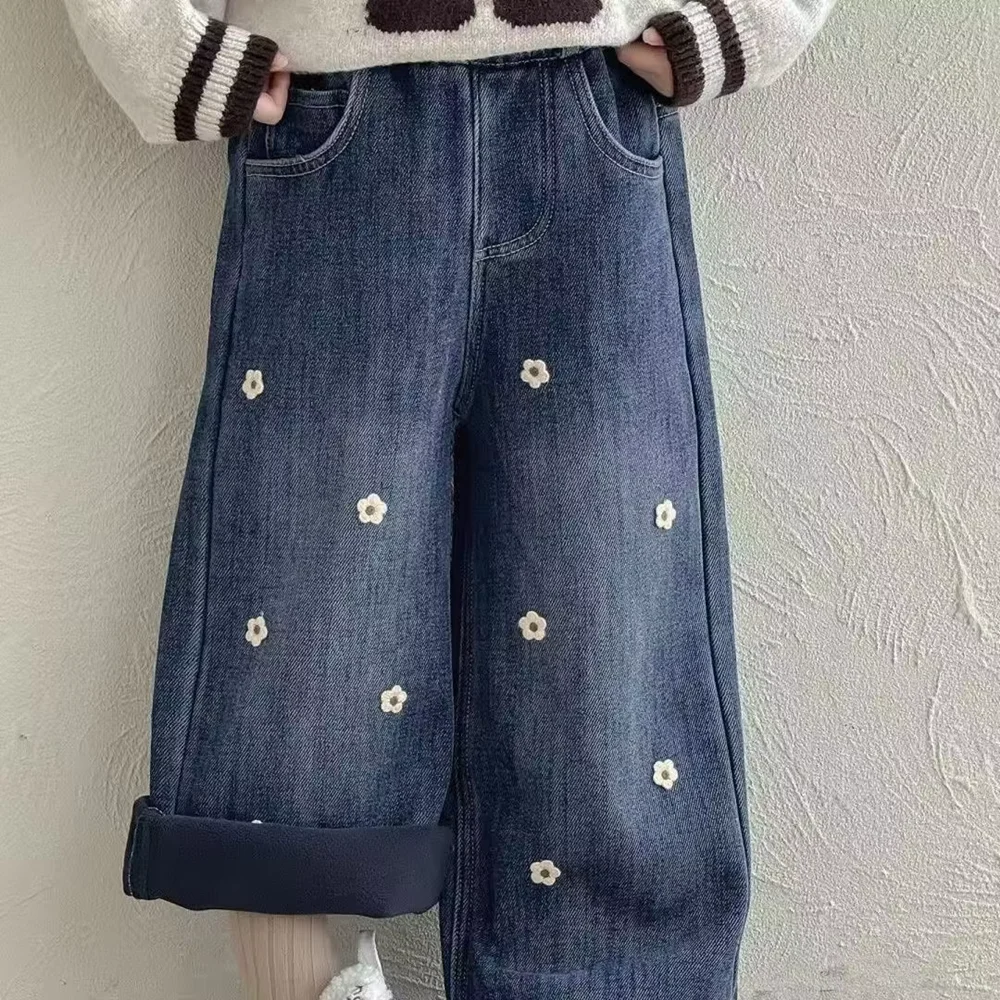 Girls' Thick Velvet Jeans Autumn And Winter New Collection Children's Thick Warm Loose Straight Leg Pants