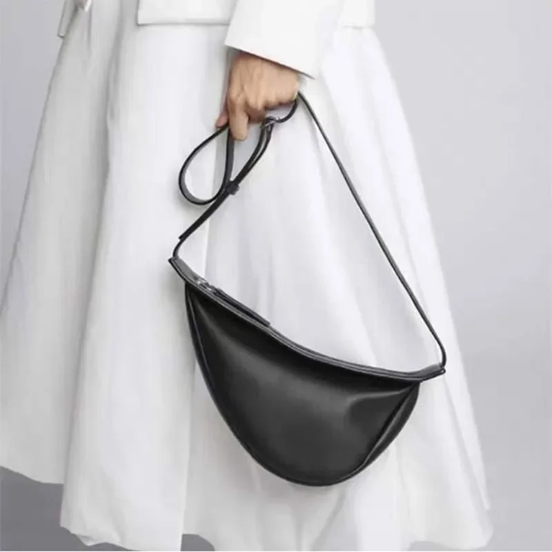 

New Ladies Real Leather Handbag The First Layer Plain Pebbled Row Calfskin Unique Half-moon Bag