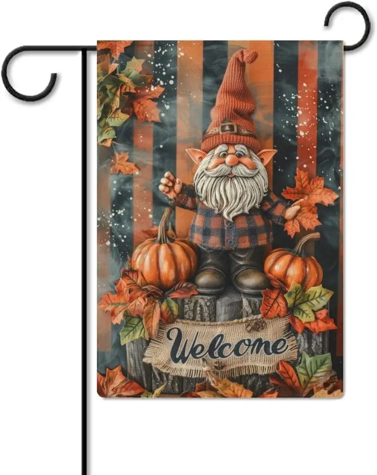 Welcome Pumpkin Gnome 4 Garden Flag 12x18 Inch Double Sided for Outside Small Burlap Yard Flag