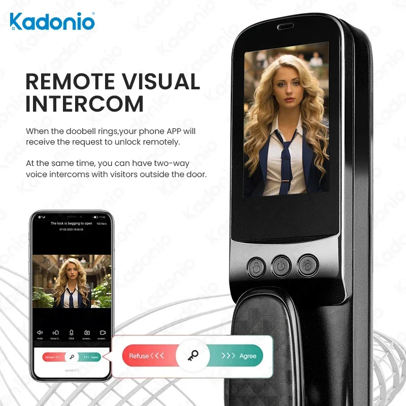 Kadonio Tuya APP WiFi Outdoor 3D Face Recognition Deadbolt Smart Door Lock With Camera Fingerprint Door Bell