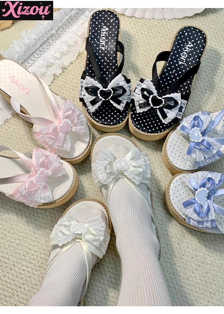 

2025 Summer New Japanese Original Sweet Lolita Platform Sandals Lace Bow Cute Girl Daily Versatile Jk Uniform Slippers