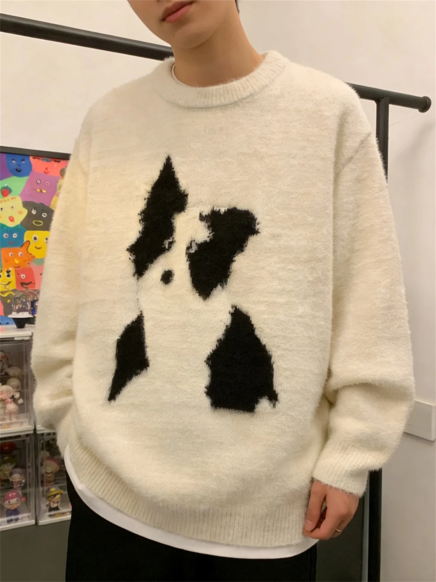 

Вязаный свитер с мультяшным принтом собаки, мягкий, утепленный, свободный, повседневный, для пар, весна-осень, трикотаж