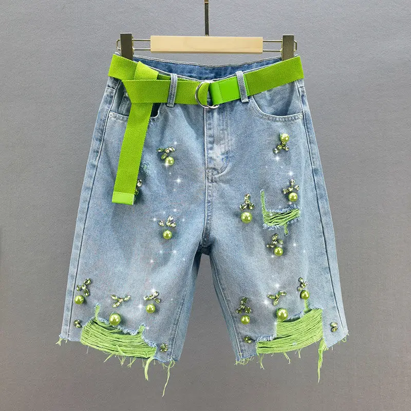 Green Hole Denim Shorts Women Summer Pearl Diamond Decoration Raw Edge Short Jeans Chic High Waist Loose Straight Denim Shorts