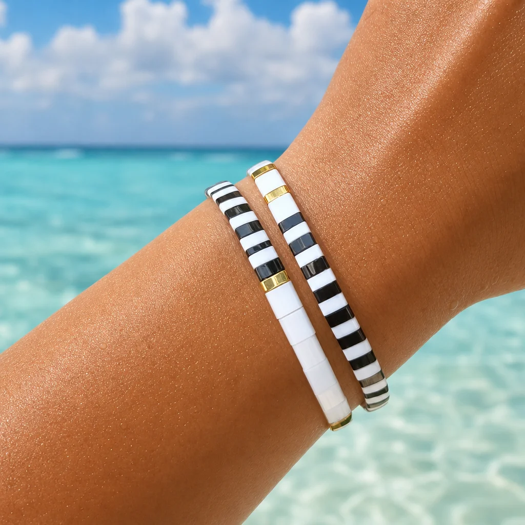 2pcs Geometric Black White Stone Beaded Bracelet Tile Bead Trendy Strand Bracelet for Women Summer Beach Style