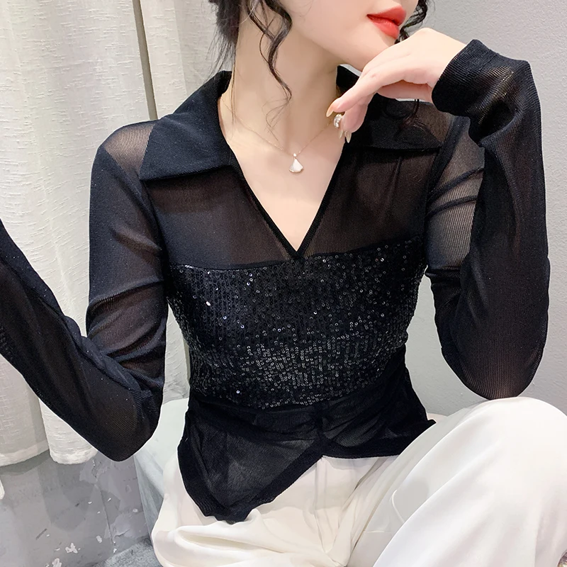 2024 Spring Summer Black Mesh T-shirt Women Sequined Stretchy Tees T Shirts Girl Polo V Neck Irregular Hem Split Top