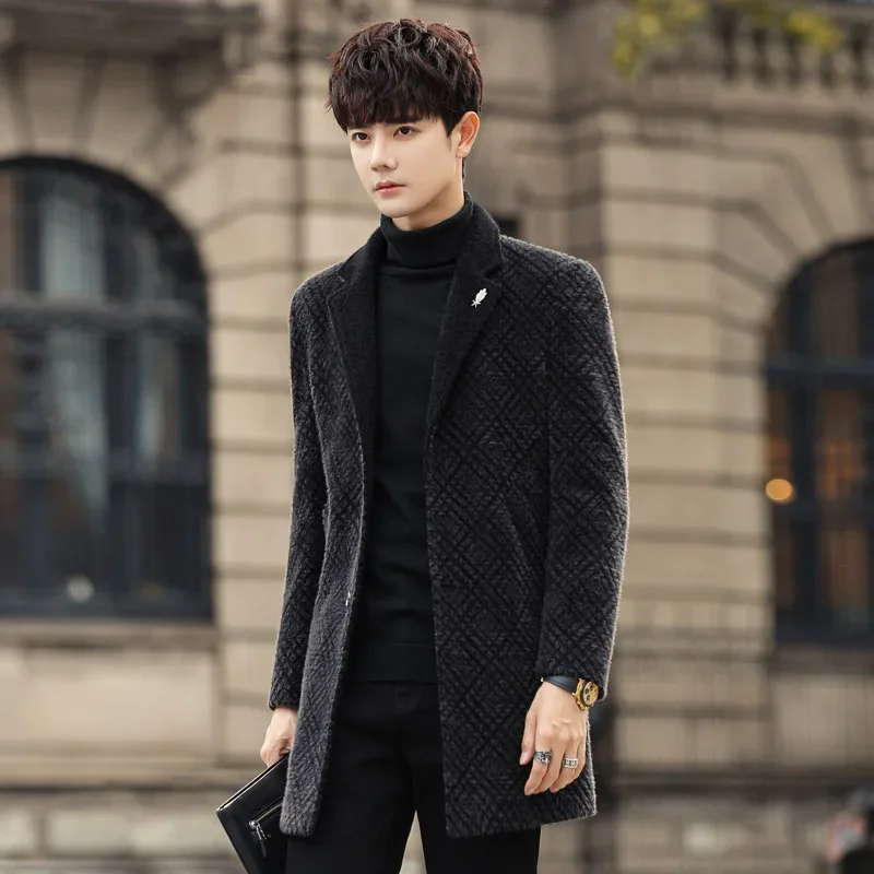 

2023 Winter Plaid Woolen Jacket Men Mid-length Casual Business Wool Blends Coat Thickened Warm Streetwear Overcoat Windbreaker