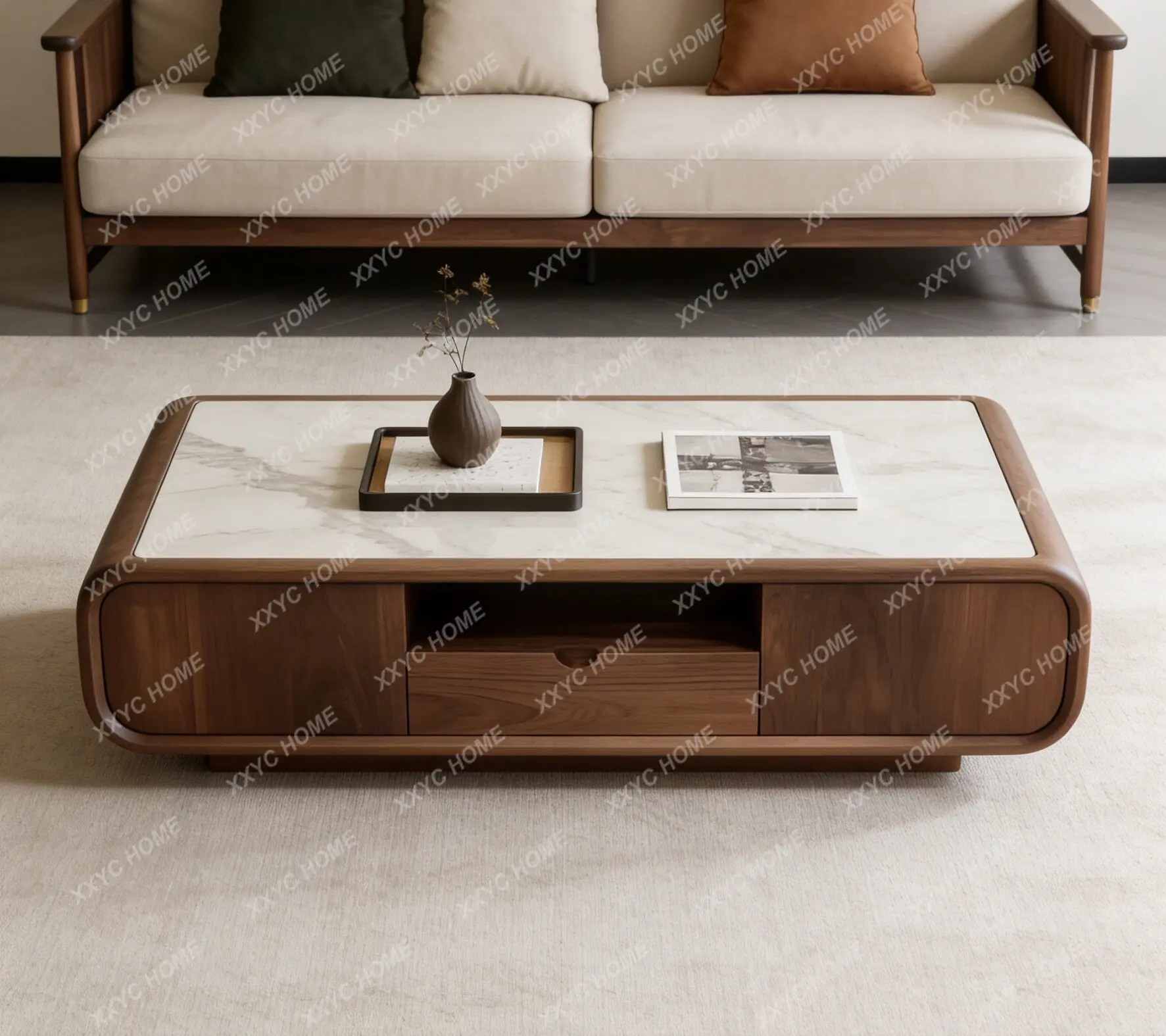 

Q New Chinese rock slab countertop storage light luxury high-end living room solid wood coffee table, can be customized