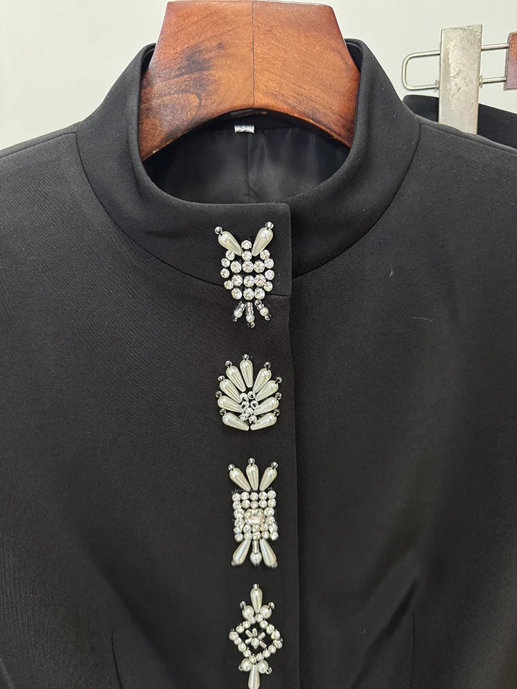 HIGH STREET Newest 2025 Designer Suit Women Beaded Diamonds Stand Collar Jacket Pants Suit 2pcs Set ﻿