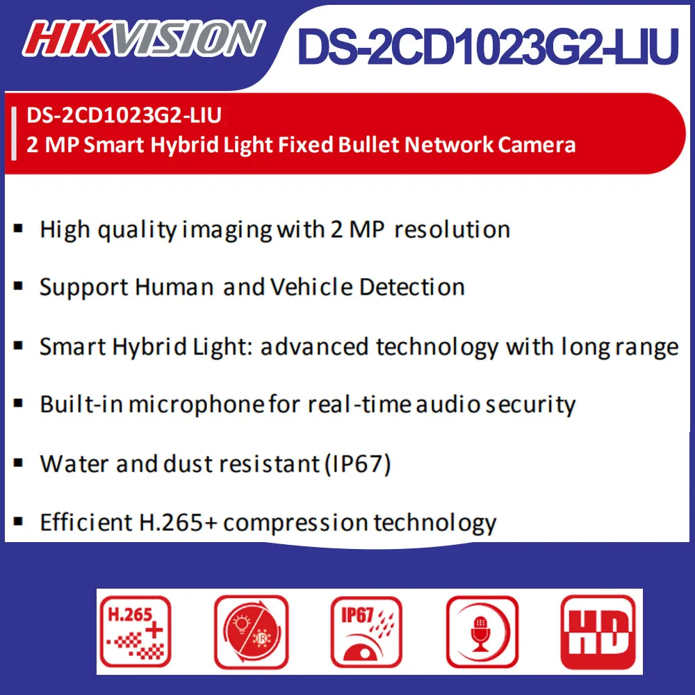 Hikvision DS-2CD1023G2-LIU 2MP Dual Light Human Detection Fixed Bullet Network Camera Smart Hybrid Light Built-in Mic IP67