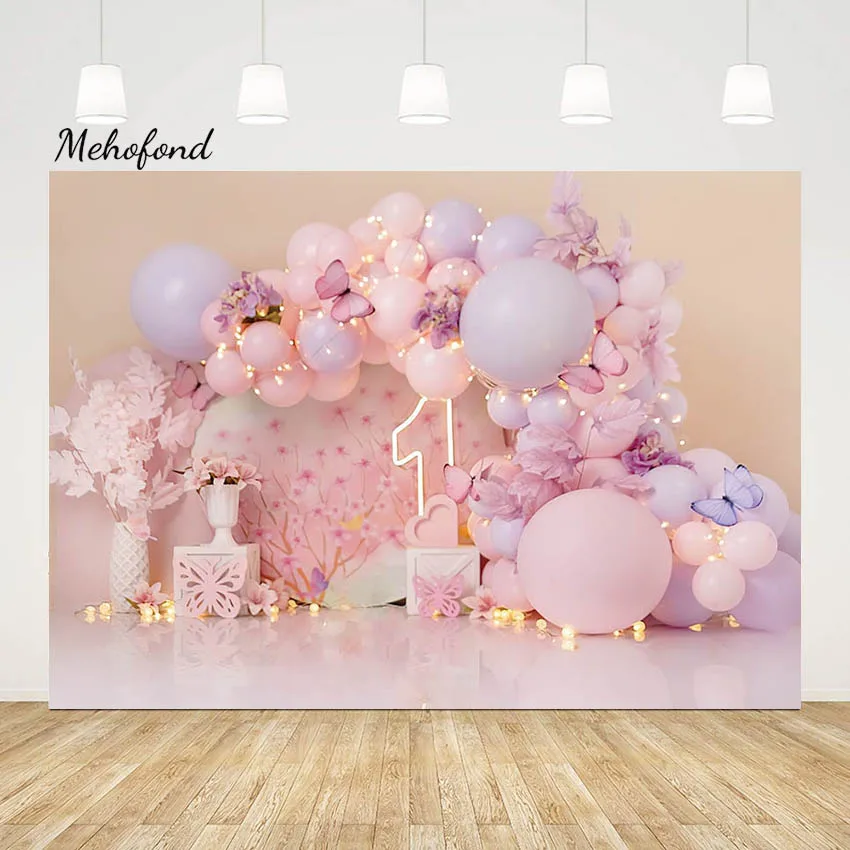 

Mehofond Photography Background Pink Girl 1st Birthday Party Balloon Flower Butterfly Backdrop Cake Smash Decor Photo Studio