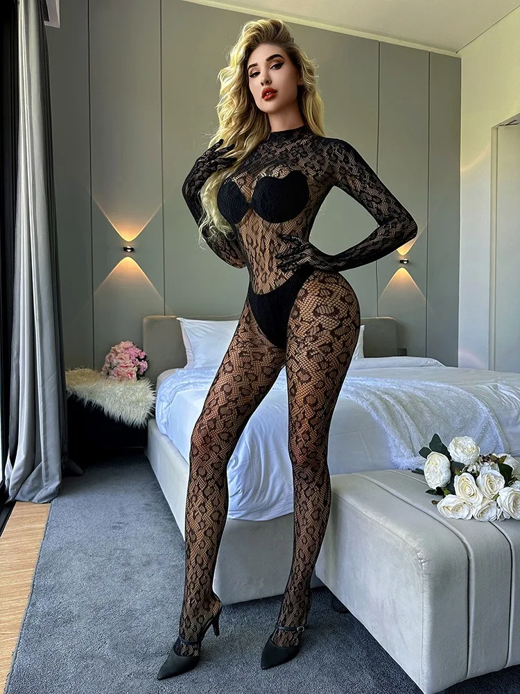 Sexy Lingerie Bodysuit Women Woman Long Sleeves Women\'s Lace One-piece Fishnet Stockings Porn Underwear Net Clothes Erotic Mesh