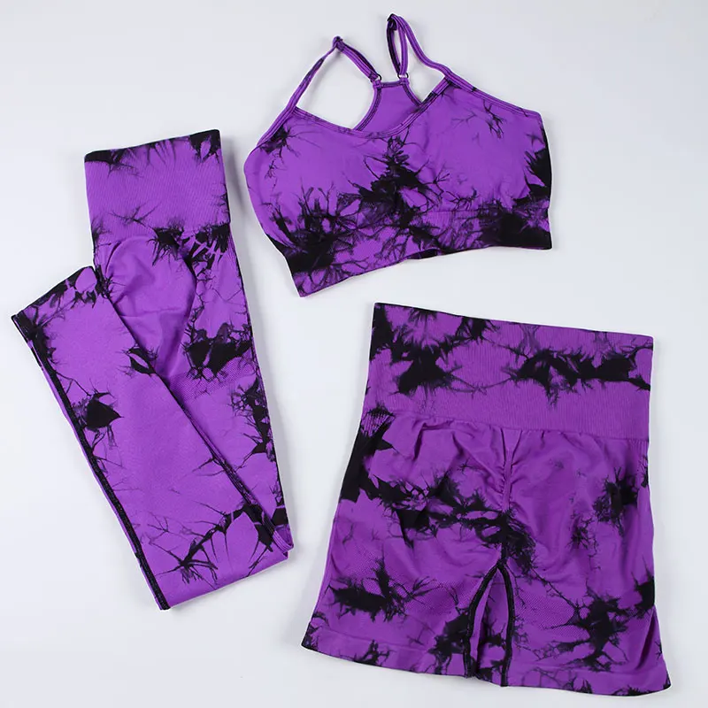 CHRLEISURE 2/3PCS Tie Dye Yoga Set Seamless Sports Suit for Women Elastic Gym Athletic Fitness Outfit Outdoor Running Sportswear