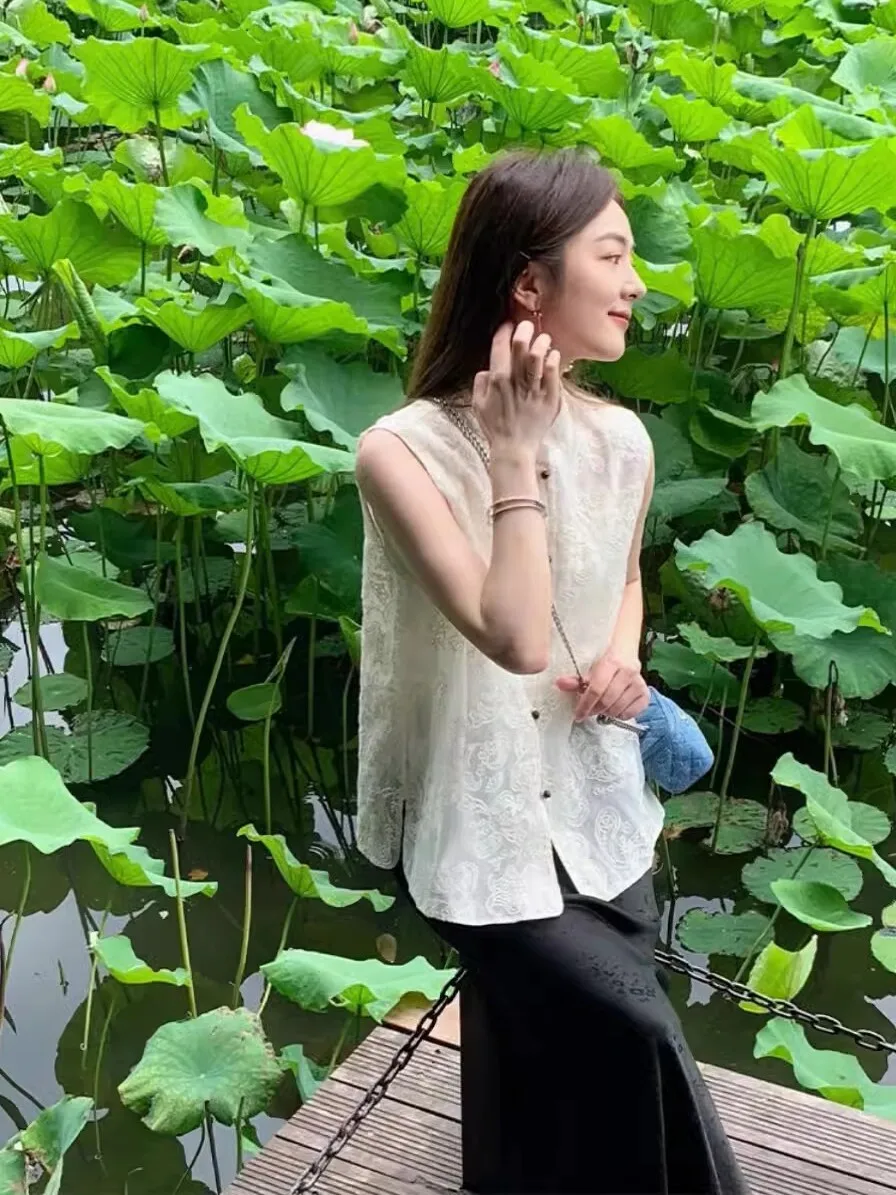 Nowa chińska odzież damska na lato 2025, modna warstwowa biała kamizelka, uniwersalna odzież wierzchnia z bawełny ze stójką...