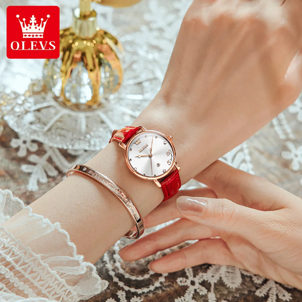 OLEVS reloj minimalista para mujer, marca superior, reloj de pulsera de cuarzo a la moda de lujo, correa de cuero, relojes luminosos impermeables para mujer