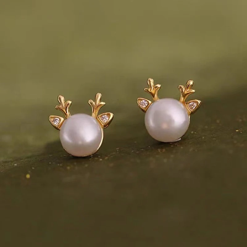 

Real 925 Sterling Silver Pearl Zircon Milu Deer Stud Earrings For Women Cute Fine Jewelry Exquisite Accessories Christmas Gift