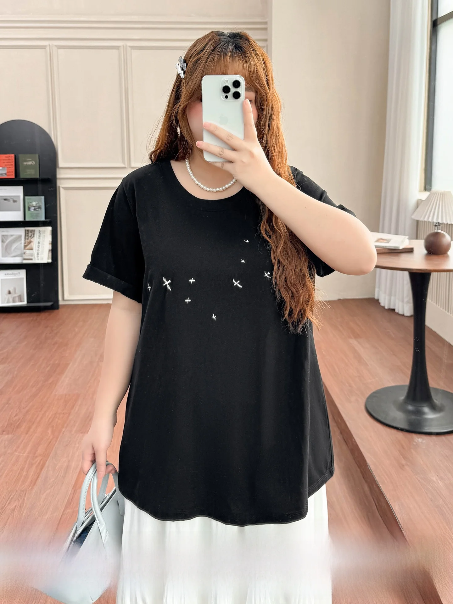 

plus Size Women's American High Street T-Shirt Summer round Neck Embroidered Short Sleeve Belly Covering Slimming Top