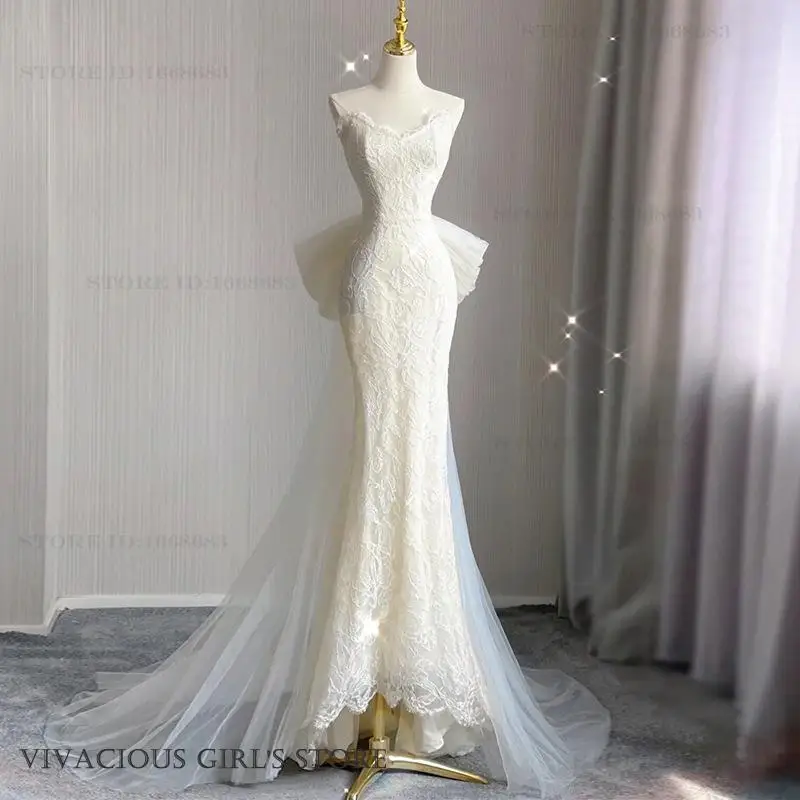 

Sexy Slim Female Cheongsam Qipao Chinese Wedding Party Dress Temperament Lace Mermaid Dress Big Bow Mesh Trailing Banquet Dress