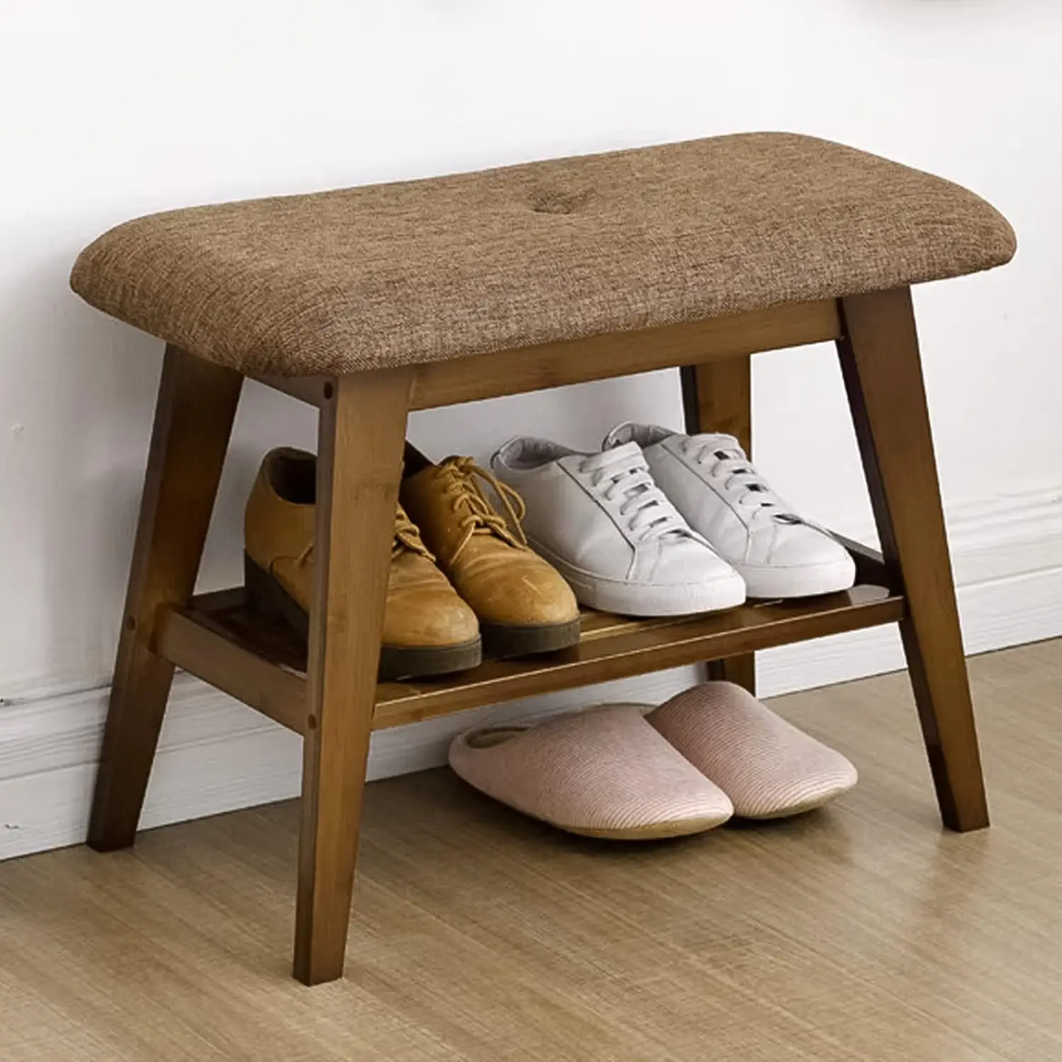 

Shoe Bench Entryway with , 2 Tier Shoe Rack Upholstered Organizer with Padded Cushion Seat, Changing Stool for Mudroom, Bathro