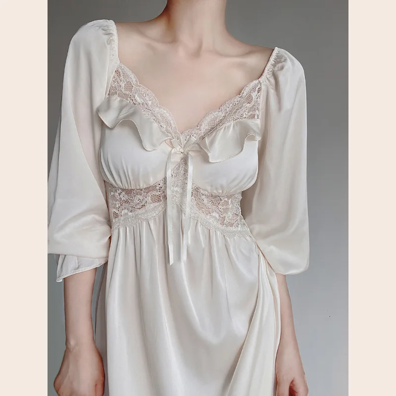 Nightdress Women Lace Ice Silk Nightgowns French Fairy Summer Sleepshirt Nightwear Elegant Sleepwear Home Dressing Gown Pajamas