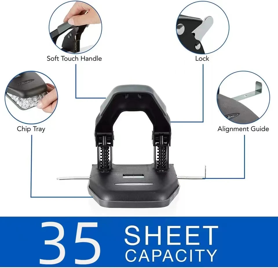 2 Hole Punch, Comfort Handle Two Hole Puncher, 35 Sheet Punch Capacity, 50% Reduced Effort, Includes Alignment Guide