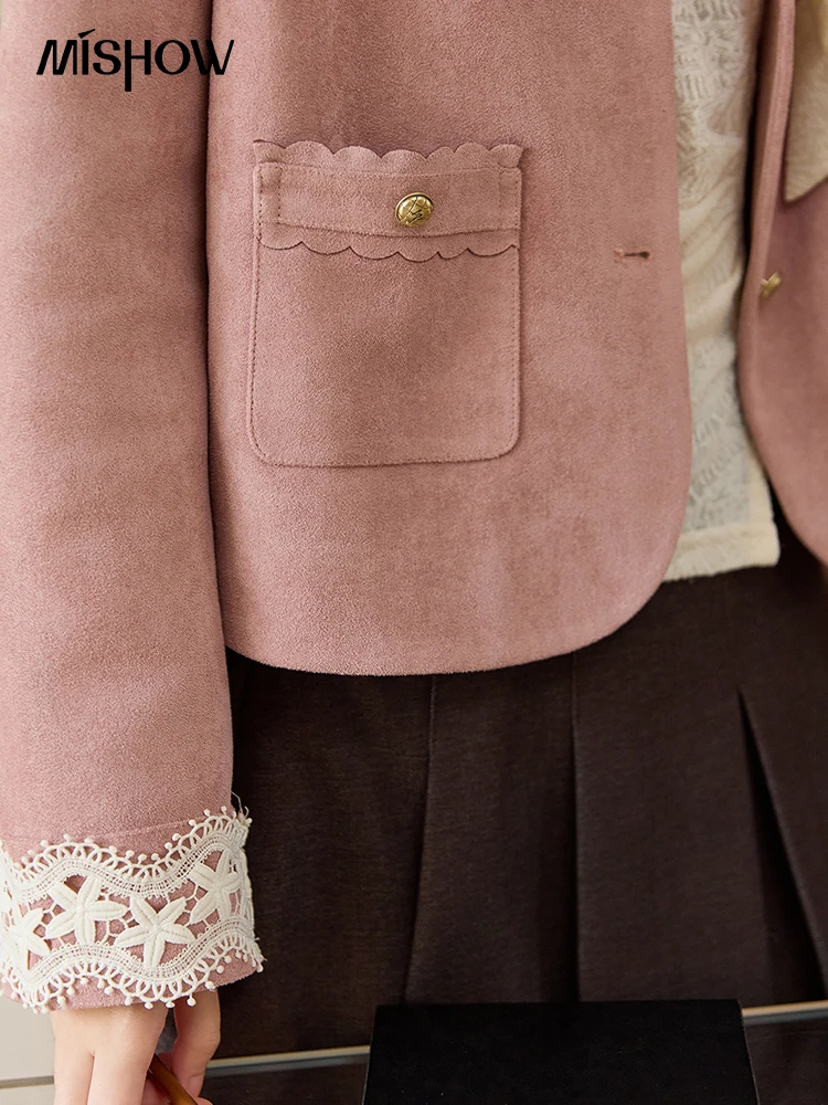 MISHOW Fragrant Suede Jacket for Women Autumn 2025 Cuffs Hollowed Out Lace Short Coats O-neck Metal Button Jackets MXE46W0839