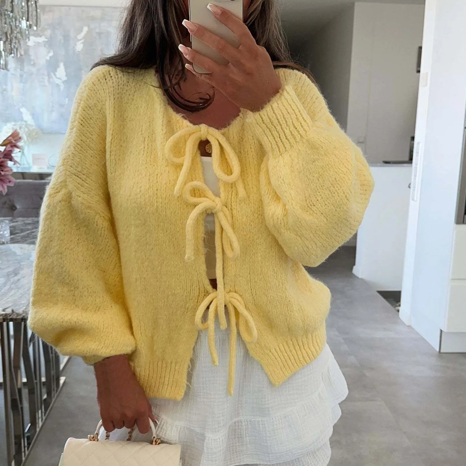 

Elegant Sweet Solid Color Knitted Cardigan Women Fashion Simple Leace-up Knitting Sweaters Coat Lady Commuting Clothing