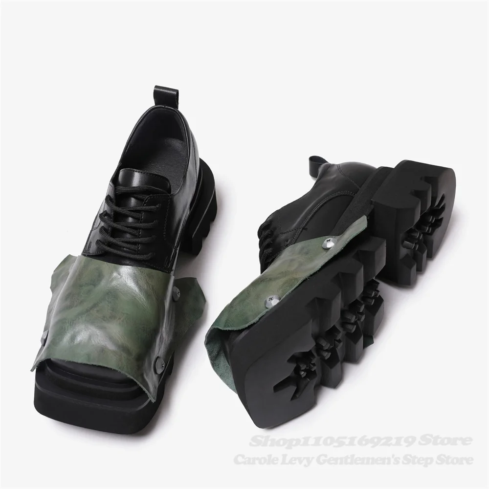 Square Headed Big Toe Derby Shoes for Men Washed Cowhide Thick Soled Height Increasing Lace Up Unisex Shoes Casual Leather Shoes