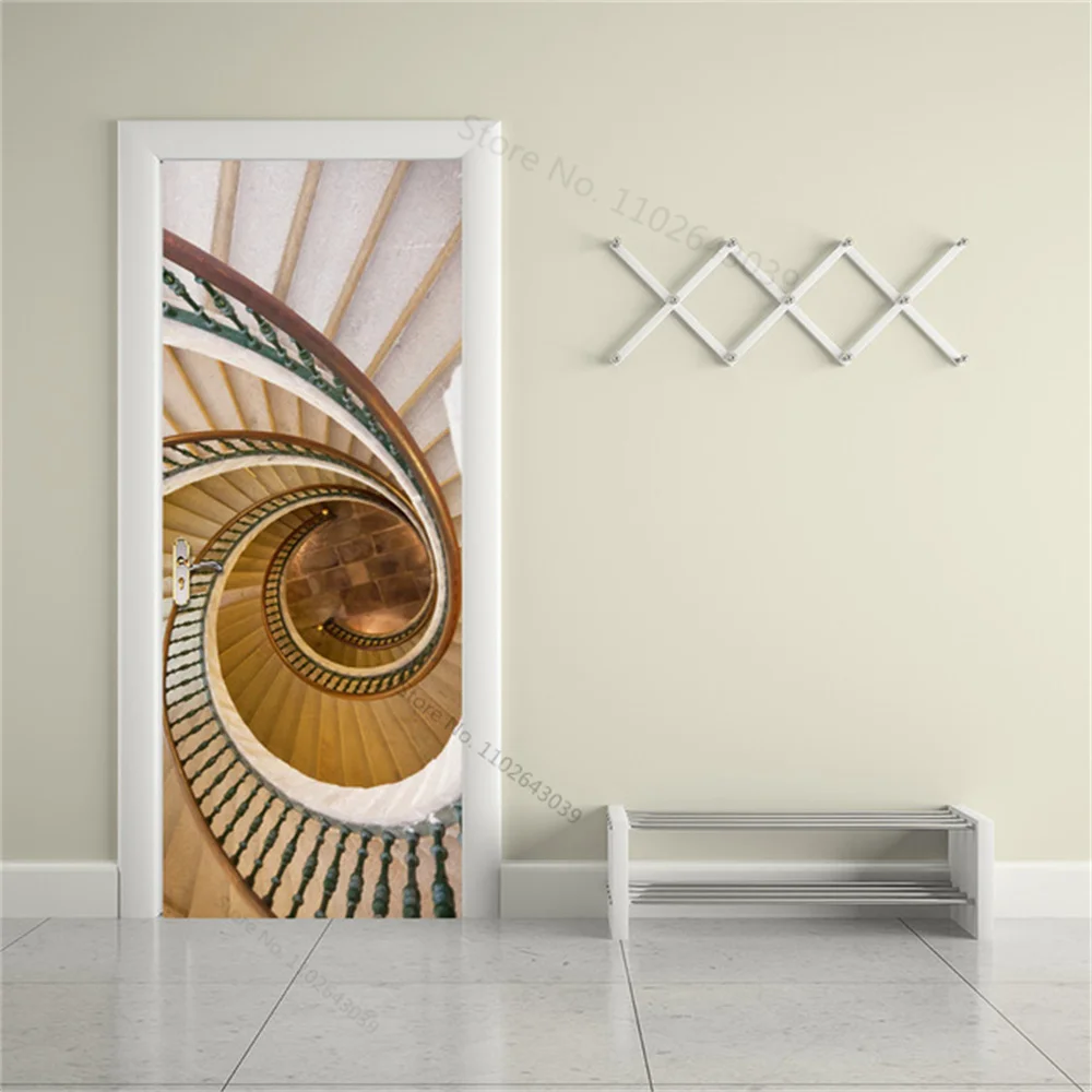 Customized Size Door Sticker Adhesive 3D Spiral Stairs Full Door Wrap Poster Landscape Door Mural Wallpaper Wall Art Decals