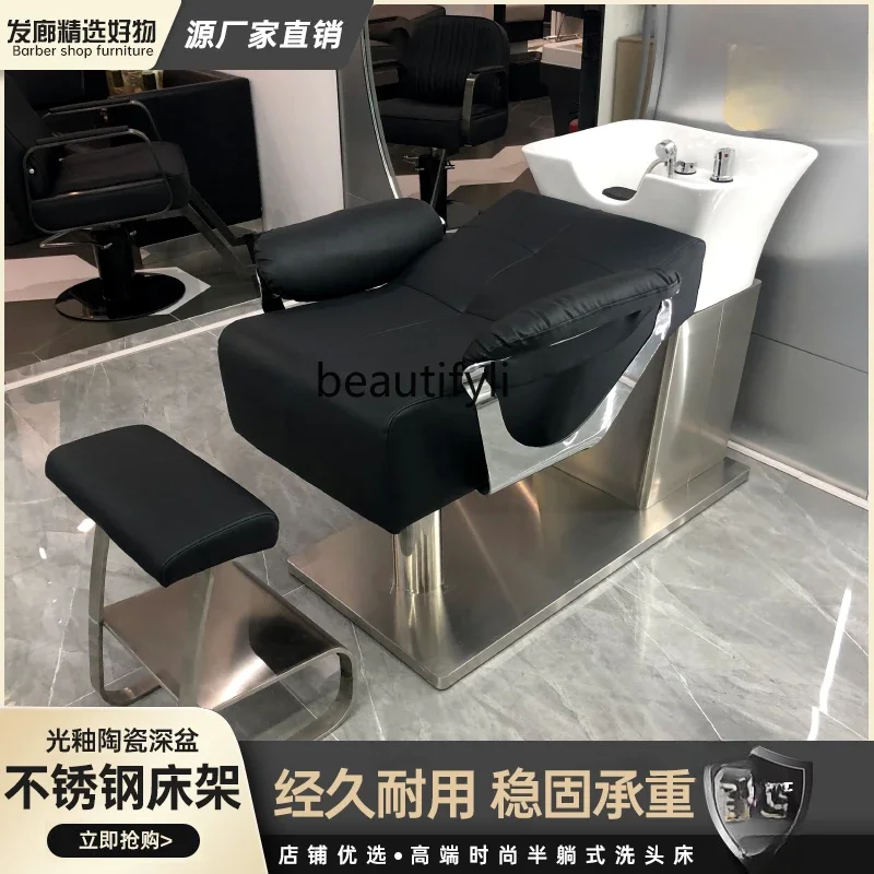 Barbiere Poltrona per shampoo Lettino automatico per salone di massaggio Lettino per parrucchiere Lavabo in ceramica Letto sdraiato a metà scarico