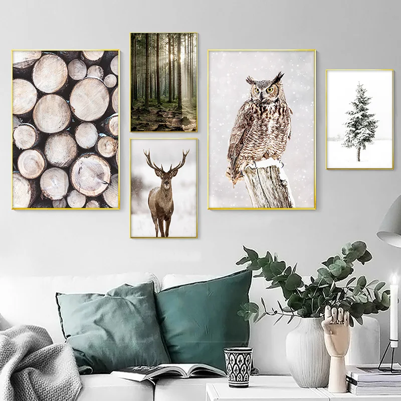 Winter Moose Owl Canvas Painting Modern Nature Forest Landscape Art Wall Art Wood and Car Poster Christmas Home Decor