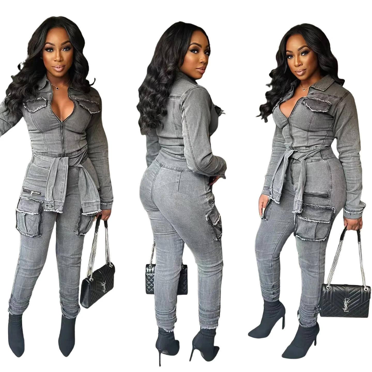 FAGADOER Retro Grey Denim Jumpsuits Women Cargo Pockets Zip Bodycon Jeans Stretchy Quality Overalls Streetwear Autumn New