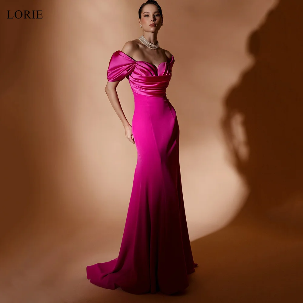 

LORIE Elegant Hot Pink Party Dresses Off The Shoulder Pleats Evening Prom Dress Sheath Mermaid Prom Gowns Customized