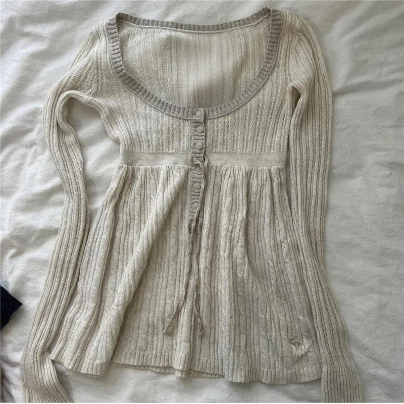 Women Y2K Fairy Grunge Long Sleeve Sweater Aesthetic Button Up Babydoll Knit Tops Square Neck Harajuku Tunic Knitwear
