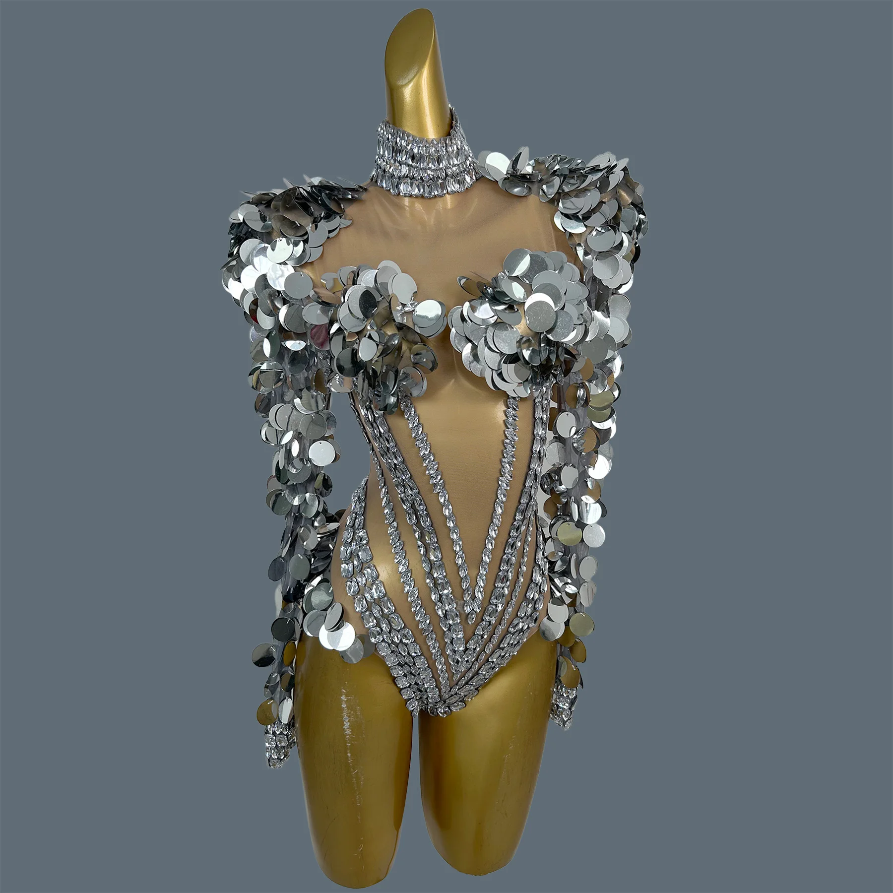 Women Choker Neck Large Silver Disc Sequin Bodysuit Vertical Rhinestone Mesh Cutout Backless Singer Stage Sexy Costume Shuiyue