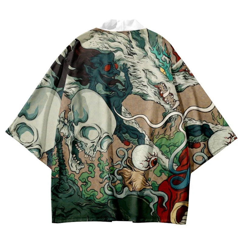 Mannen Vrouwen Vintage Cosplay Fashion Streetwear Draak Skelet Print Traditionele Kimono Vest Japanse Samurai Oversized Haori