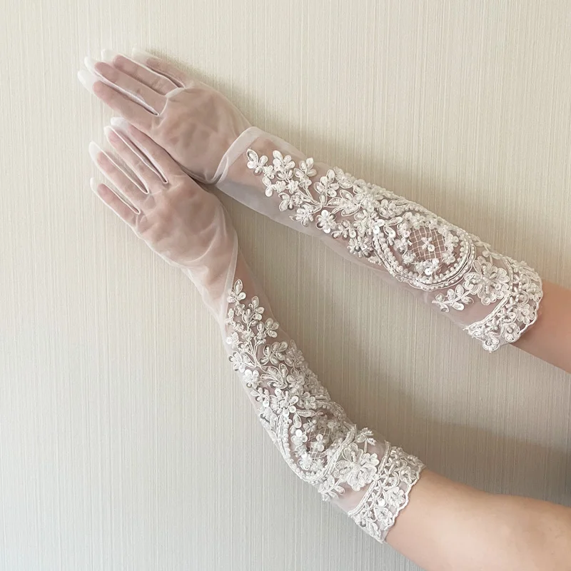 Gants en maille brodée de fleurs, décoration tridimensionnelle, perles de couture faites à la main, blanc laiteux, accessoires en dentelle transparente, marijuana ing