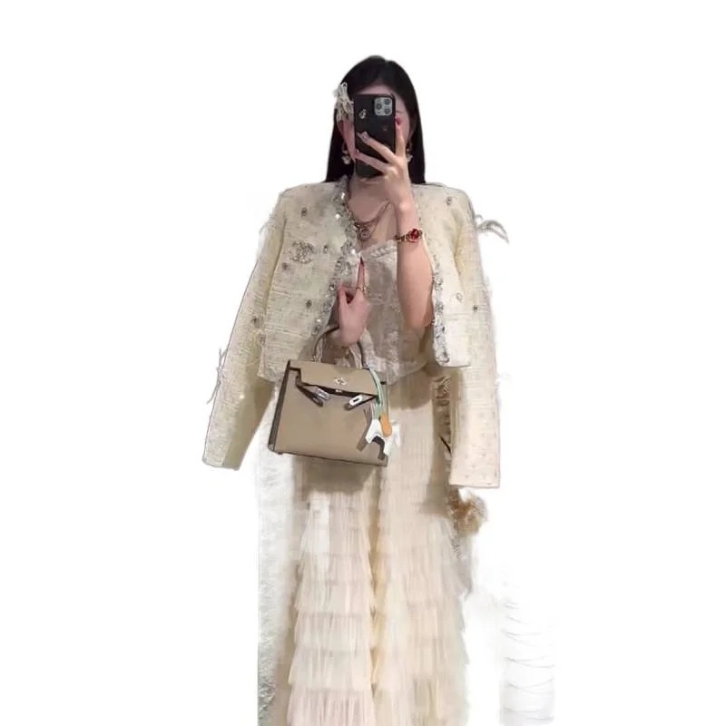 ملابس خارجية كاجوال مستديرة Ne Dr مع تفاصيل ريش، مادة صوفية من نسيج مخملي عالي الخصر للنساء #5