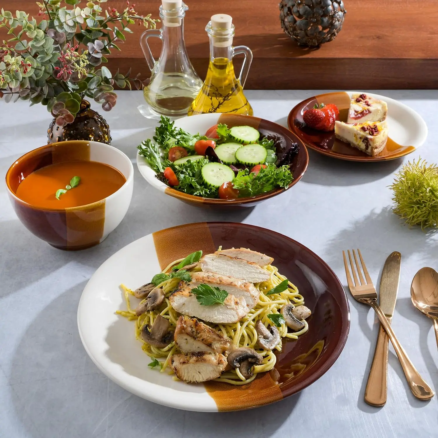 Set di stoviglie e ciotole a doppia ciotola in gres con baldacchino autunnale, servizio per 4 (16 pezzi)