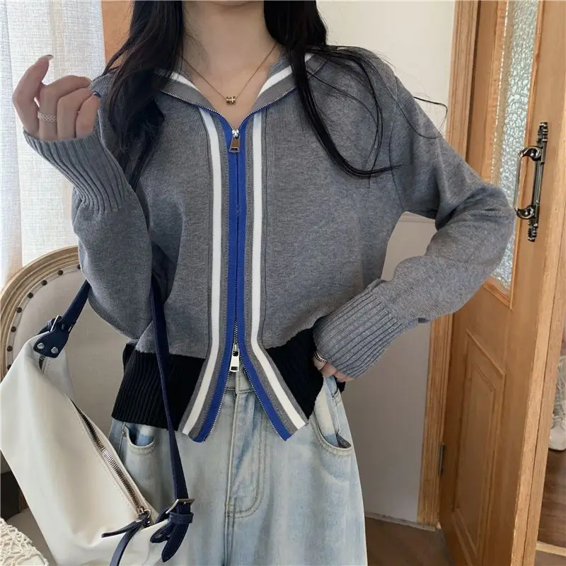 Casual Hooded Contrasting Colors Cardigan Female Clothing Striped Slim Stylish Zipper Autumn Winter Long Sleeve Knitted Sweaters