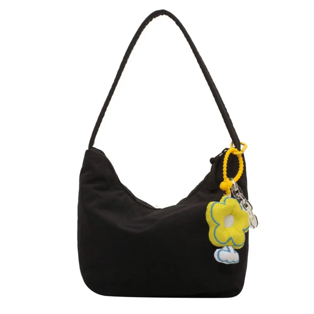 Korean Style Solid Color Hand Bag Dumplings Bag with Flower Pendant Light Soft Nylon Bag Zipper Tote Bag Shoulder Bag Girls