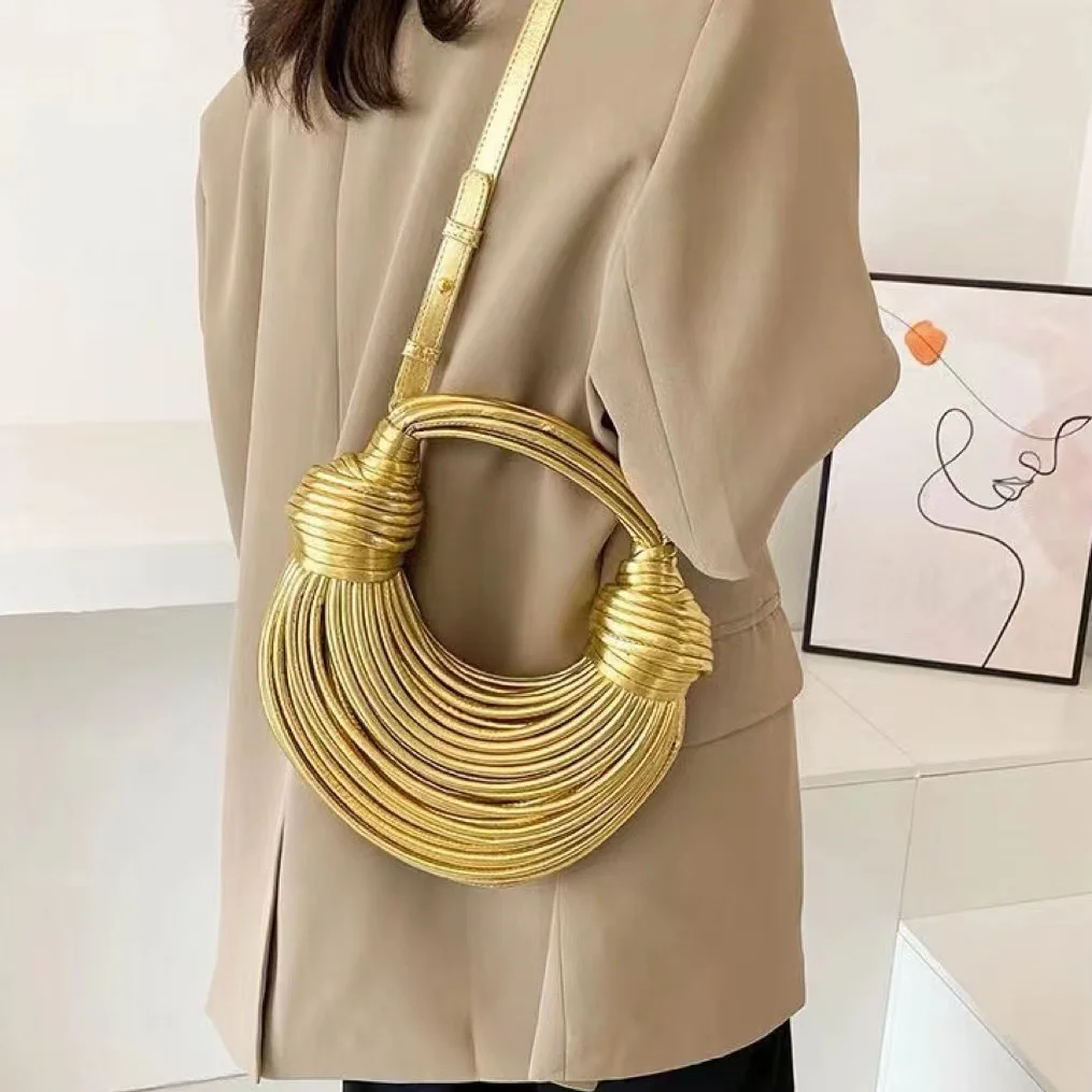 Bolsos de mano dorados de lujo para mujer, bolso de mano tejido a mano con cuerda anudada, Hobo plateado, de noche, Chic, 2024