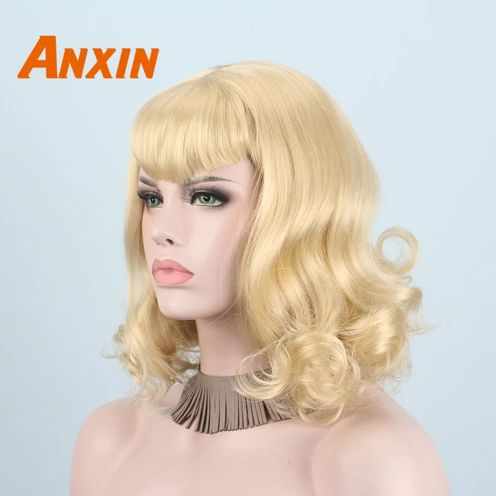 Anxin Blonde Wigs for Black Women Short Culry Hair Bangs Cosplay Festival Widow Movie Singer Theme Party Anime Synthetic Wigs