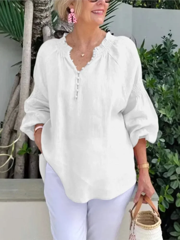 

Women Cotton Linen Loose Shirts & Blouses 2025 Spring Summer V-neck Buttons Lantern Sleeve Solid Blouse Homewear Casual Tops