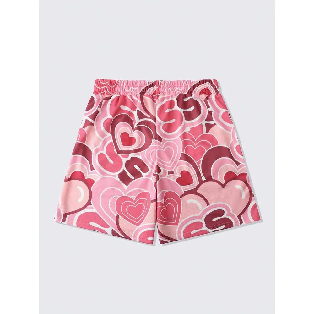 Cartoon And Anime-Style Heart-Shaped Printed Drawstring Shorts For Both Men And Women Loose And Quick-Drying Basketball Shorts